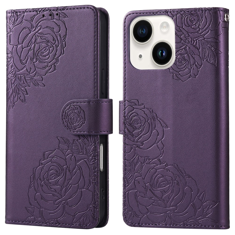 For iPhone 15 Case Rose Flower PU Leather Wallet Phone Cover with 3 Card Slot - Dark Purple