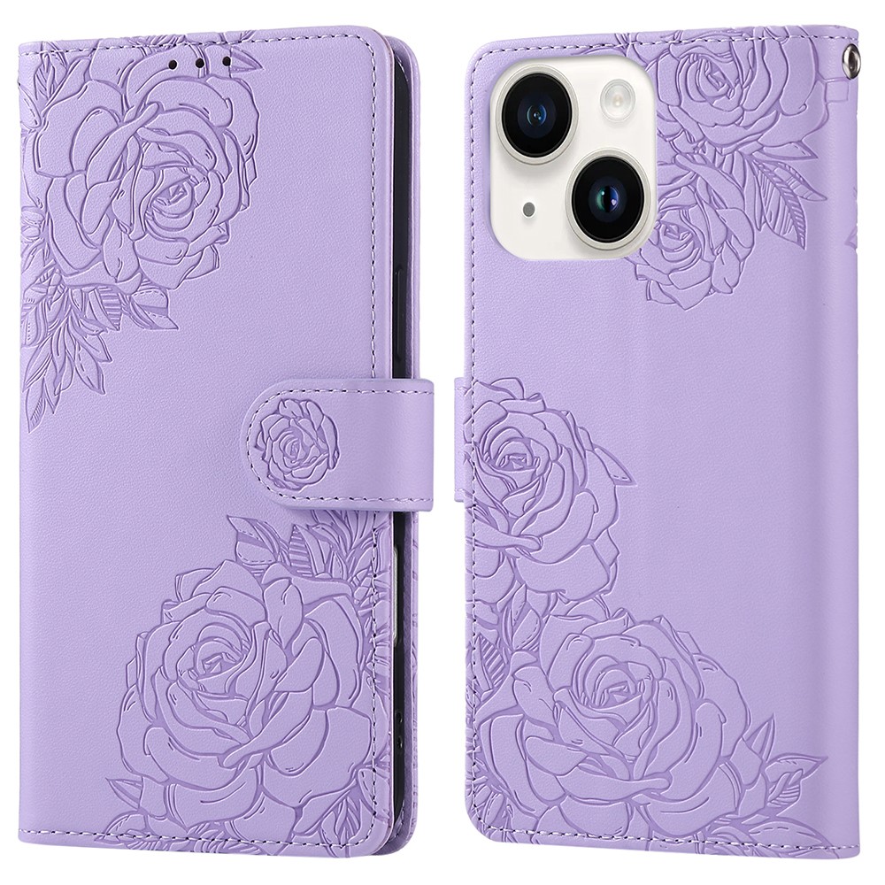 For iPhone 15 Case Rose Flower PU Leather Wallet Phone Cover with 3 Card Slot - Purple