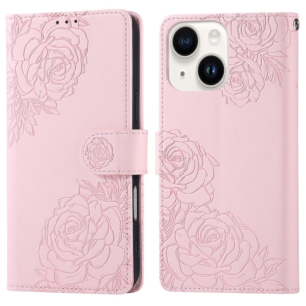 For iPhone 15 Case Rose Flower PU Leather Wallet Phone Cover with 3 Card Slot - Rose Gold