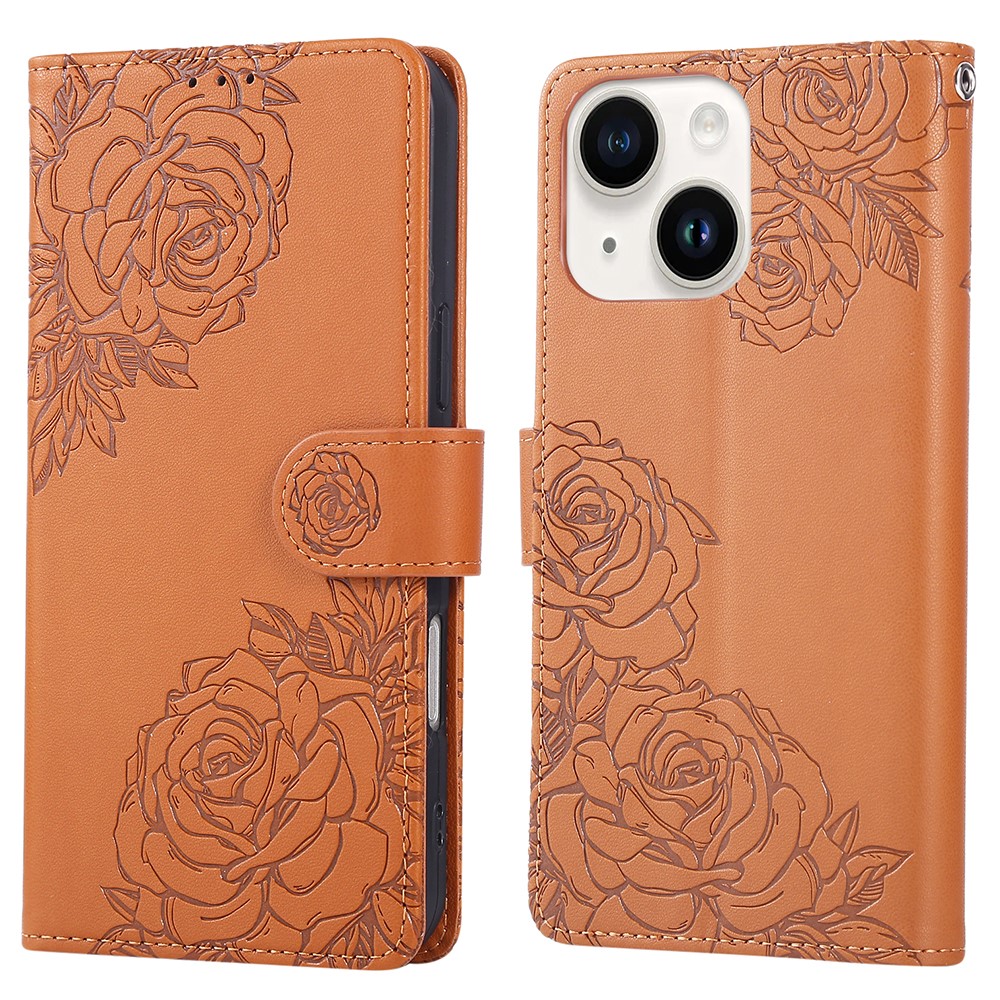 For iPhone 15 Case Rose Flower PU Leather Wallet Phone Cover with 3 Card Slot - Brown