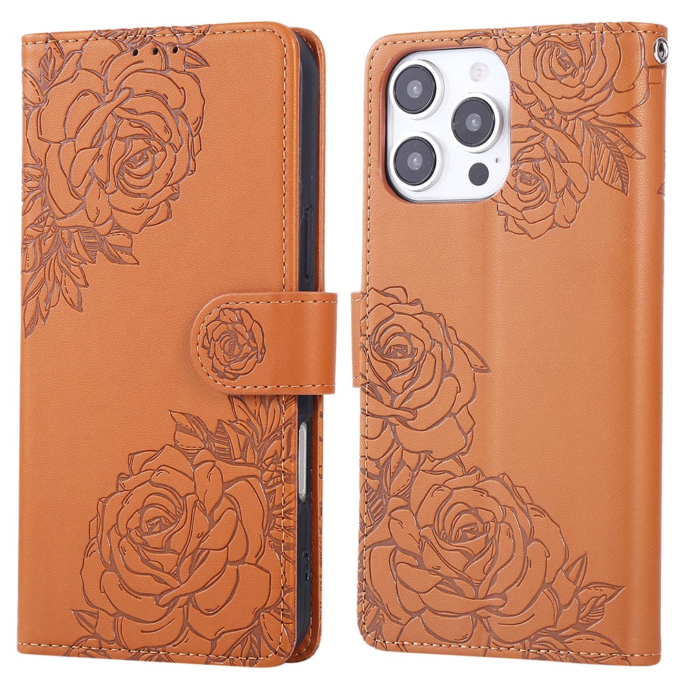 For iPhone 15 Pro Max Case Rose Flower PU Leather Wallet Phone Cover with 3 Card Slot - Brown