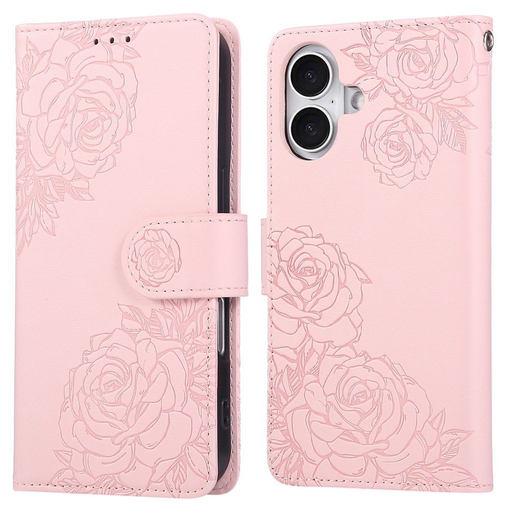For iPhone 16 Plus Case Rose Flower PU Leather Wallet Phone Cover with 3 Card Slot - Rose Gold