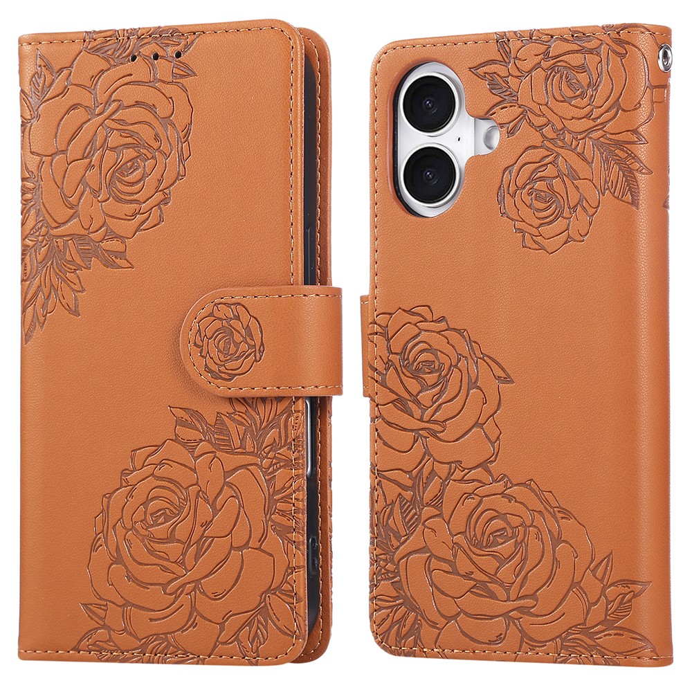 For iPhone 16 Plus Case Rose Flower PU Leather Wallet Phone Cover with 3 Card Slot - Brown