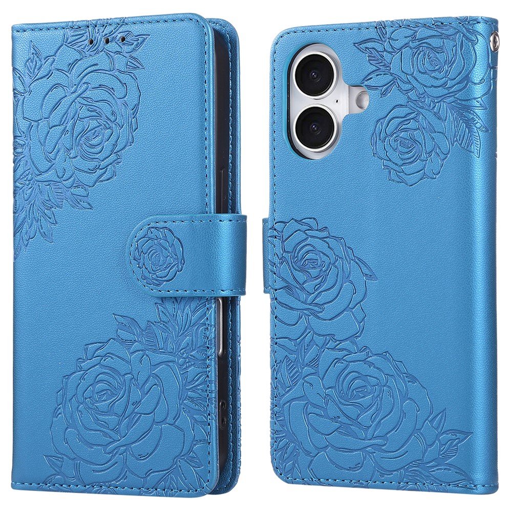 For iPhone 16 Plus Case Rose Flower PU Leather Wallet Phone Cover with 3 Card Slot - Blue