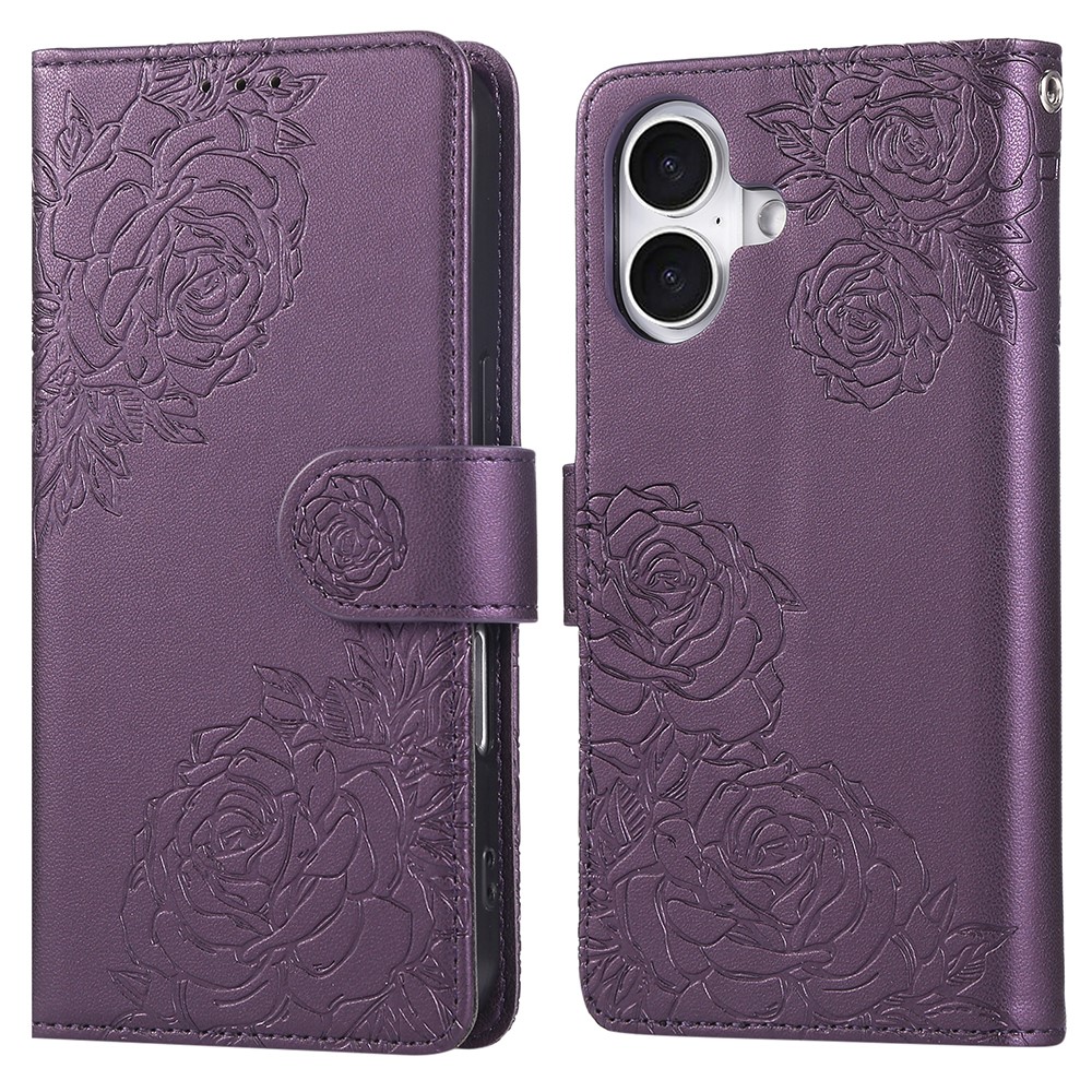 For iPhone 16 Plus Case Rose Flower PU Leather Wallet Phone Cover with 3 Card Slot - Dark Purple