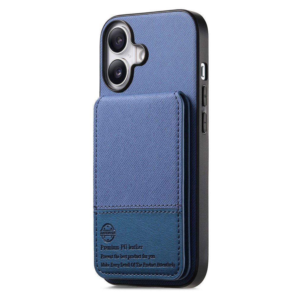 For iPhone 16 Case Cloth Texture Leather + PC + TPU RFID Blocking Phone Cover with Card Holder - Blue