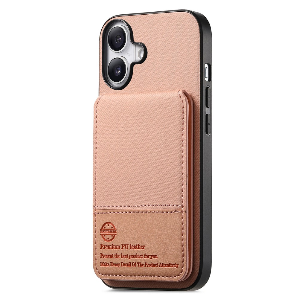 For iPhone 16 Case Cloth Texture Leather + PC + TPU RFID Blocking Phone Cover with Card Holder - Pink