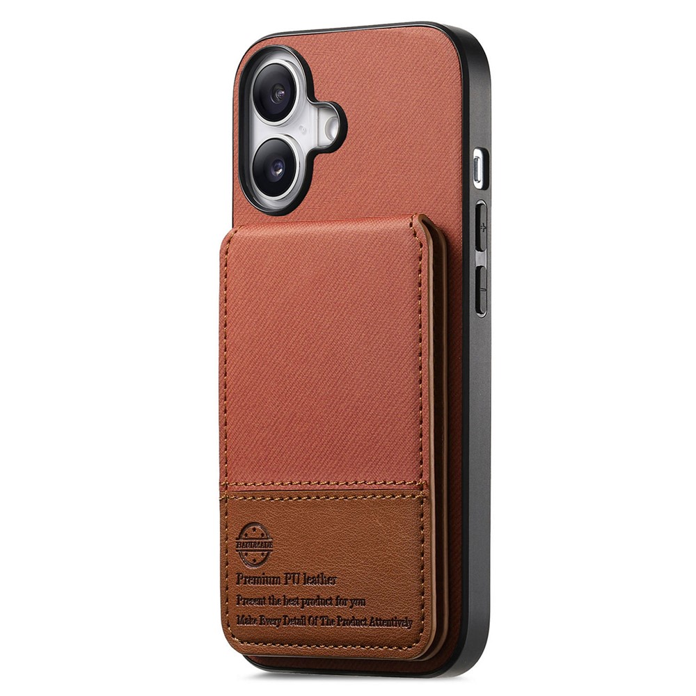 For iPhone 16 Case Cloth Texture Leather + PC + TPU RFID Blocking Phone Cover with Card Holder - Brown