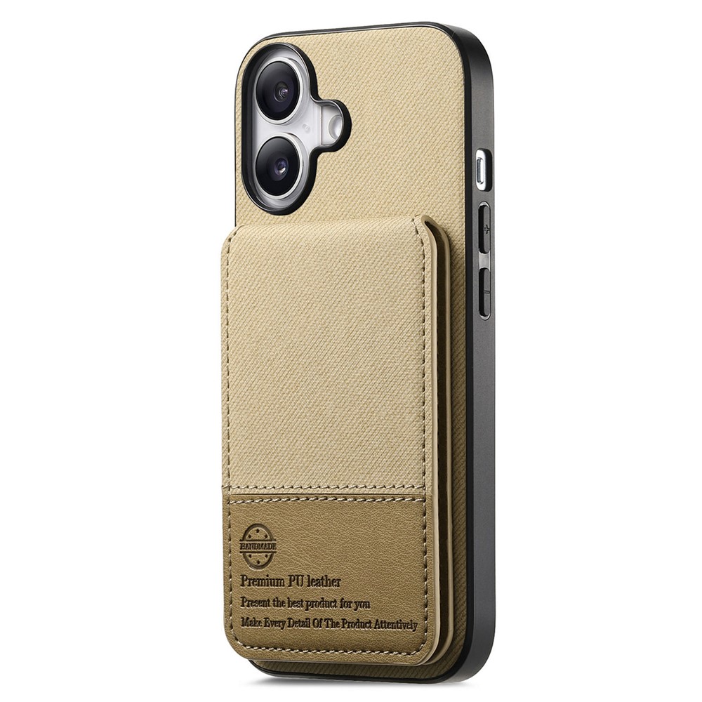 For iPhone 16 Case Cloth Texture Leather + PC + TPU RFID Blocking Phone Cover with Card Holder - Khaki