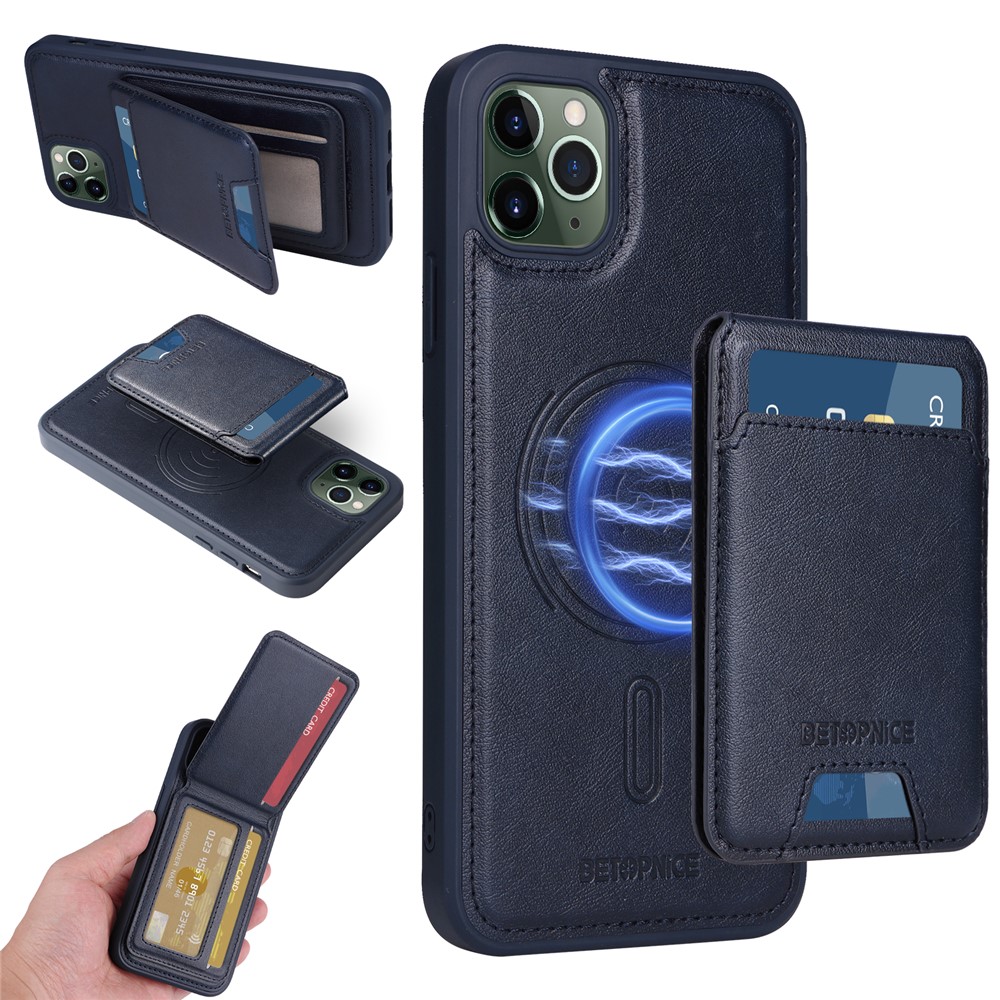 For iPhone 11 Pro Max Magnetic Case BETOPNICE RFID Blocking Leather Phone Back Cover with Detachable Card Bag - Blue