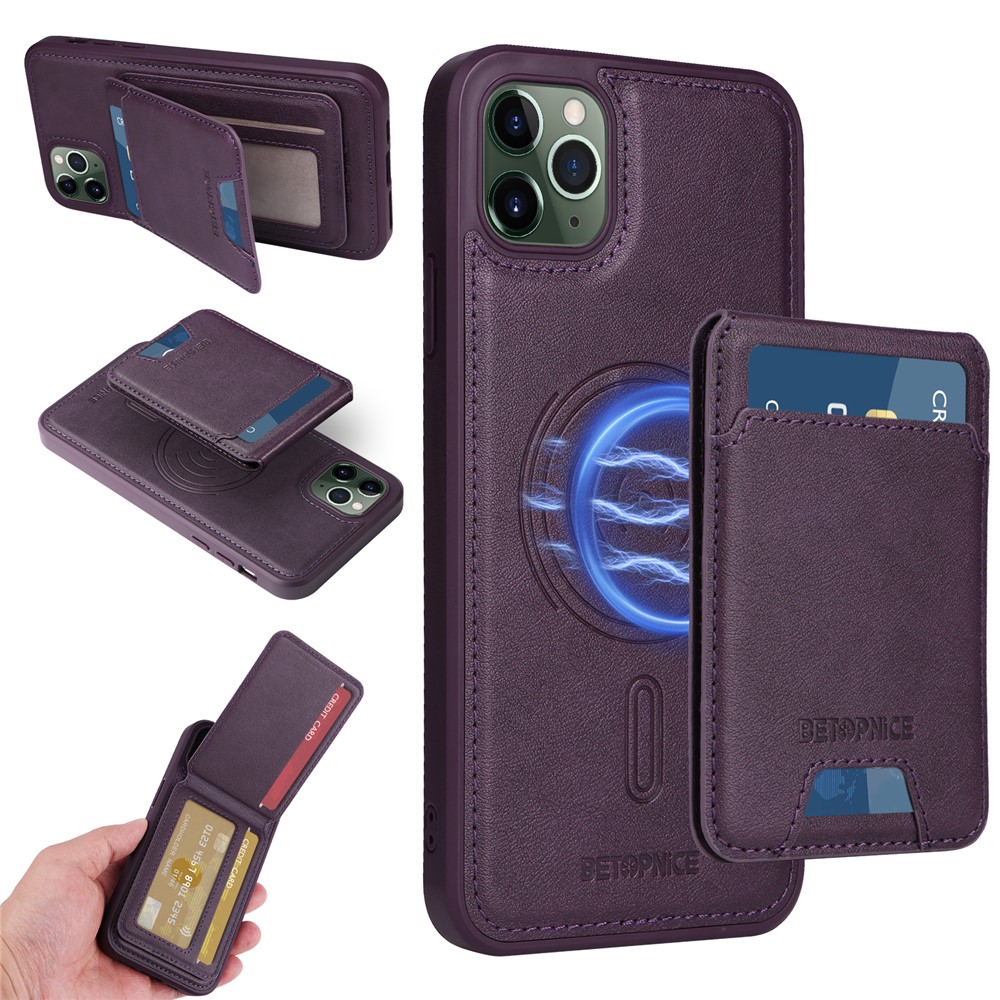 For iPhone 11 Pro Max Magnetic Case BETOPNICE RFID Blocking Leather Phone Back Cover with Detachable Card Bag - Purple