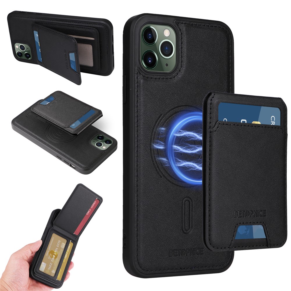 For iPhone 11 Pro Max Magnetic Case BETOPNICE RFID Blocking Leather Phone Back Cover with Detachable Card Bag - Black
