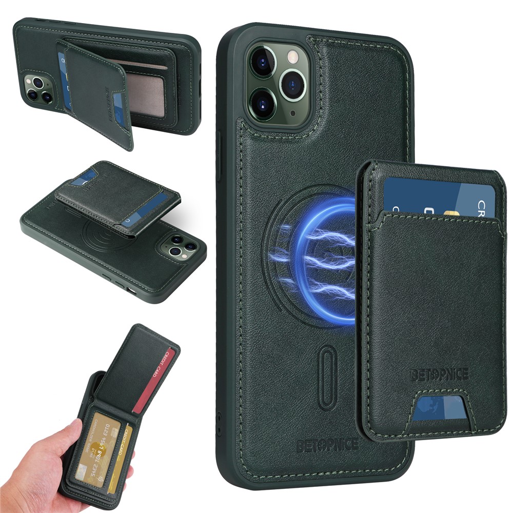 For iPhone 11 Pro Max Magnetic Case BETOPNICE RFID Blocking Leather Phone Back Cover with Detachable Card Bag - Green