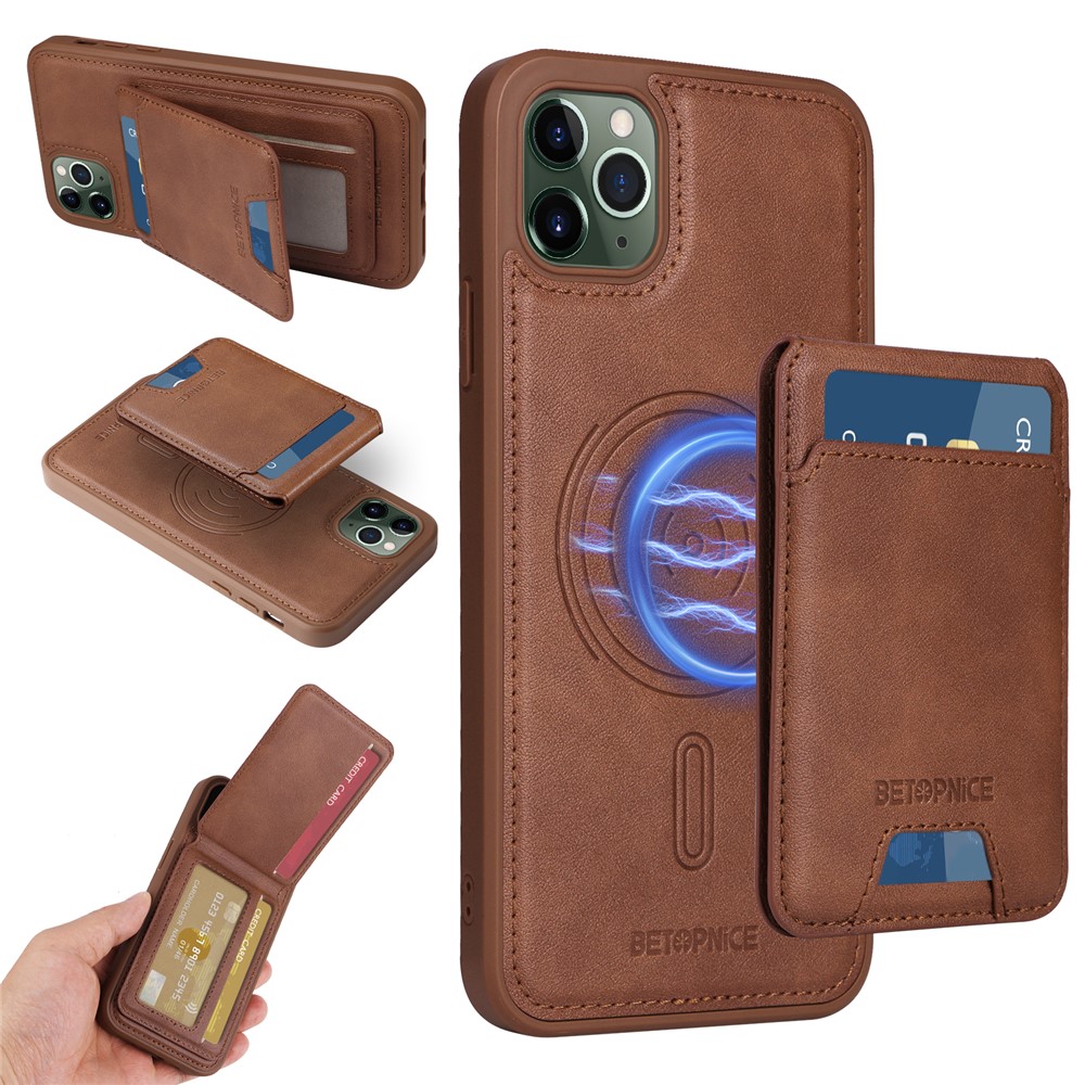 For iPhone 11 Pro Max Magnetic Case BETOPNICE RFID Blocking Leather Phone Back Cover with Detachable Card Bag - Brown