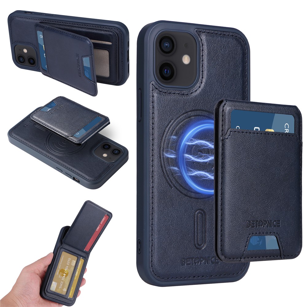 For iPhone 12 Pro 6.1 inch / iPhone 12 6.1 inch Magnetic Case BETOPNICE RFID Blocking Leather Phone Back Cover with Detachable Card Bag - Blue