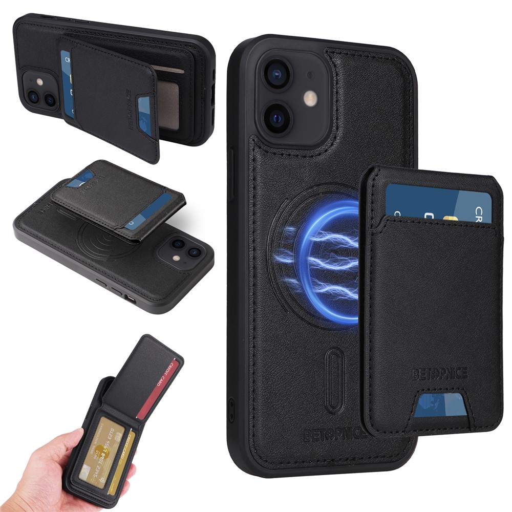 For iPhone 12 Pro 6.1 inch / iPhone 12 6.1 inch Magnetic Case BETOPNICE RFID Blocking Leather Phone Back Cover with Detachable Card Bag - Black