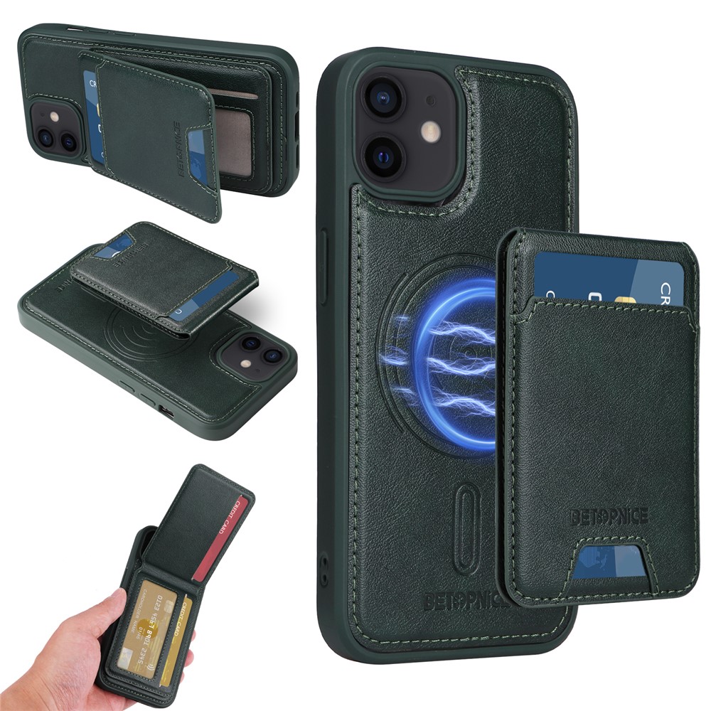 For iPhone 12 Pro 6.1 inch / iPhone 12 6.1 inch Magnetic Case BETOPNICE RFID Blocking Leather Phone Back Cover with Detachable Card Bag - Green
