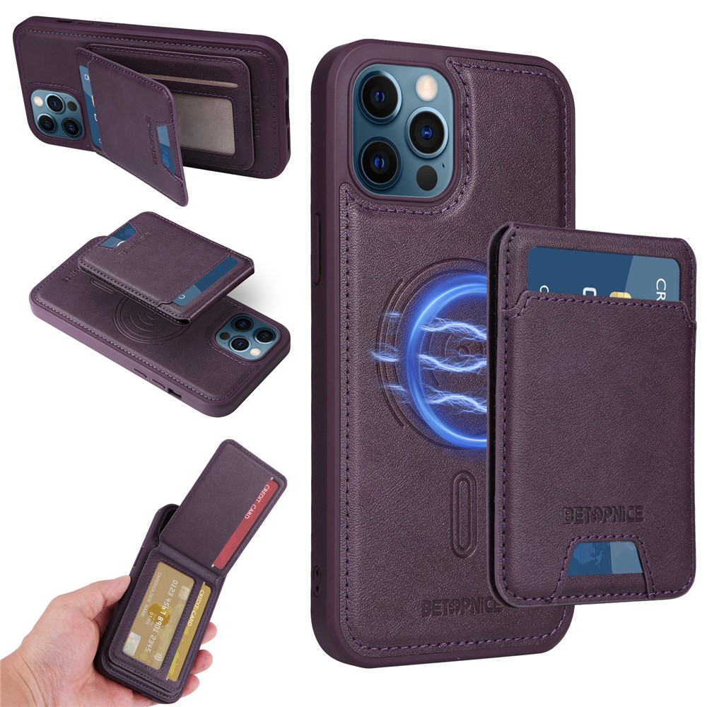 For iPhone 12 Pro Max 6.7 inch Magnetic Case BETOPNICE RFID Blocking Leather Phone Back Cover with Detachable Card Bag - Purple