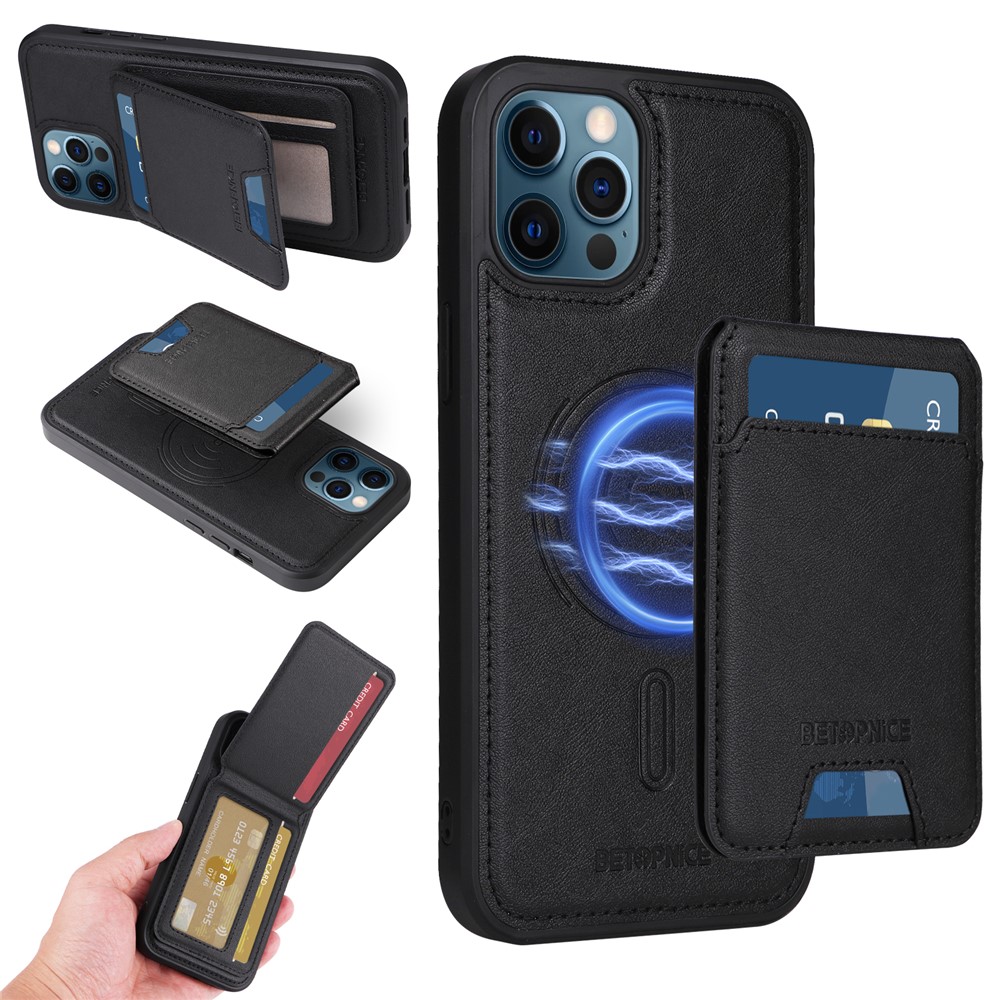 For iPhone 12 Pro Max 6.7 inch Magnetic Case BETOPNICE RFID Blocking Leather Phone Back Cover with Detachable Card Bag - Black