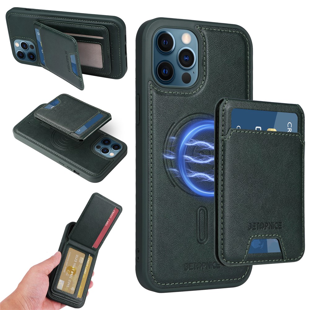 For iPhone 12 Pro Max 6.7 inch Magnetic Case BETOPNICE RFID Blocking Leather Phone Back Cover with Detachable Card Bag - Green