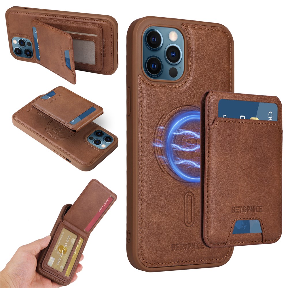 For iPhone 12 Pro Max 6.7 inch Magnetic Case BETOPNICE RFID Blocking Leather Phone Back Cover with Detachable Card Bag - Brown