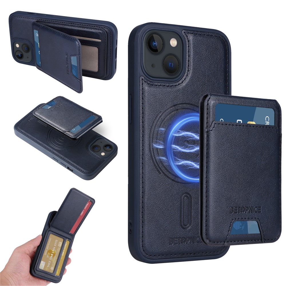 For iPhone 14 / iPhone 13 6.1 inch Magnetic Case BETOPNICE RFID Blocking Leather Phone Back Cover with Detachable Card Bag - Blue