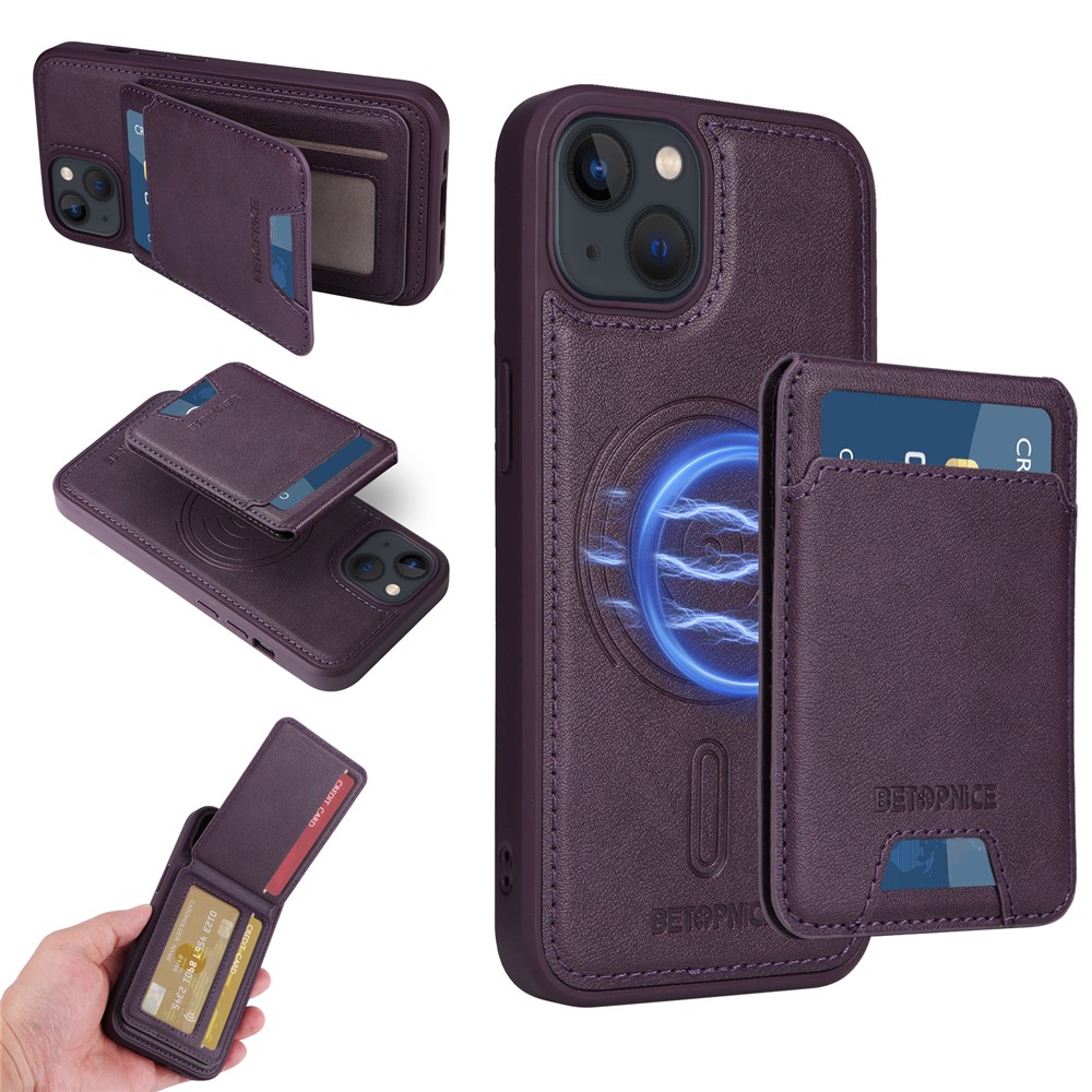 For iPhone 14 / iPhone 13 6.1 inch Magnetic Case BETOPNICE RFID Blocking Leather Phone Back Cover with Detachable Card Bag - Purple