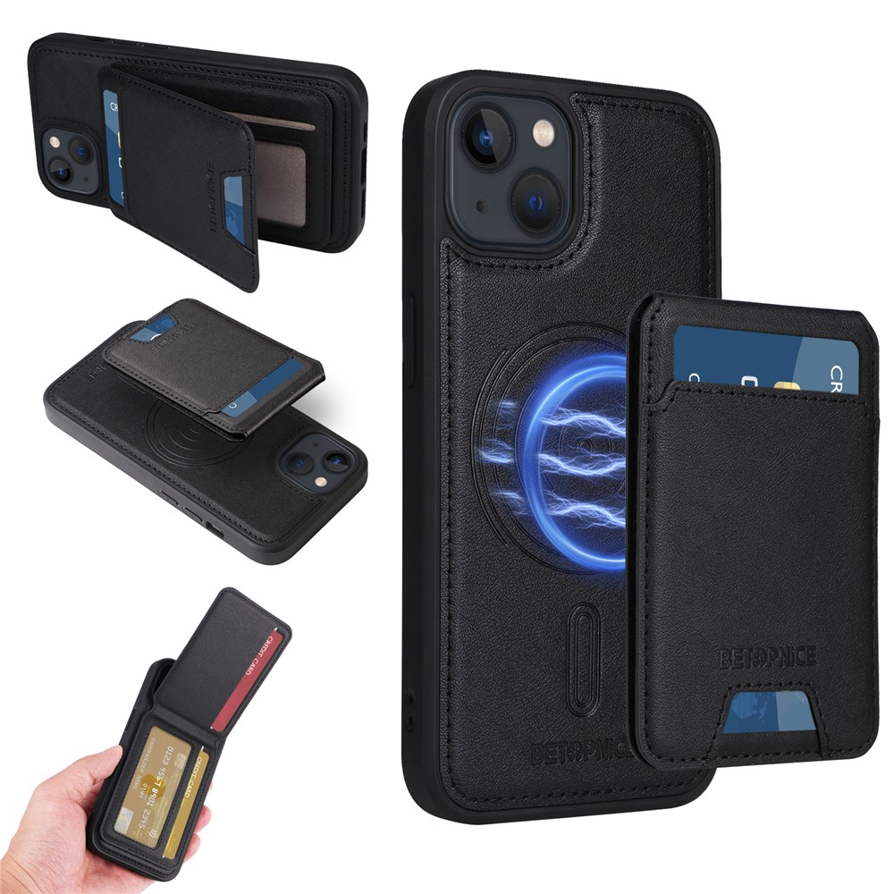 For iPhone 14 / iPhone 13 6.1 inch Magnetic Case BETOPNICE RFID Blocking Leather Phone Back Cover with Detachable Card Bag - Black