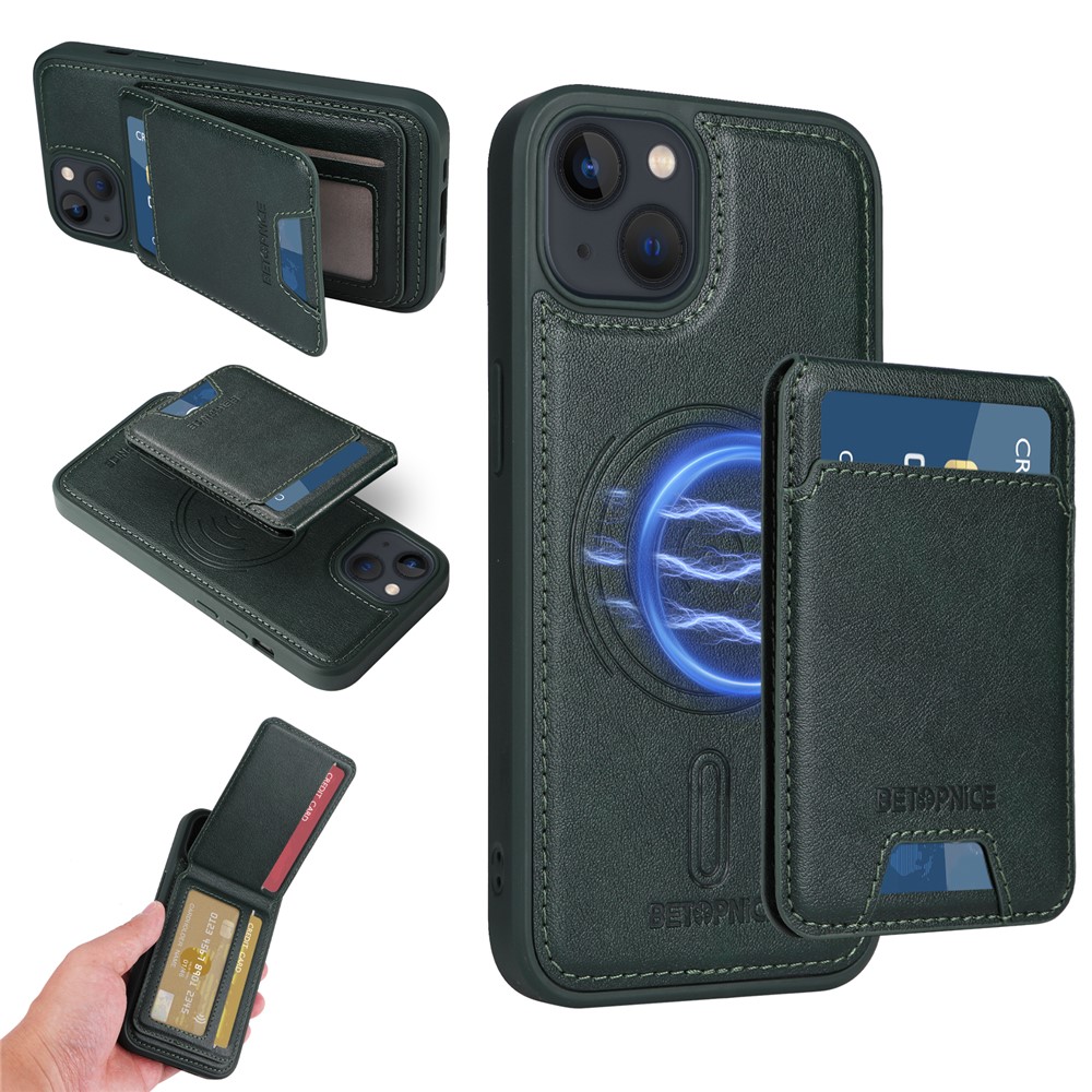 For iPhone 14 / iPhone 13 6.1 inch Magnetic Case BETOPNICE RFID Blocking Leather Phone Back Cover with Detachable Card Bag - Green