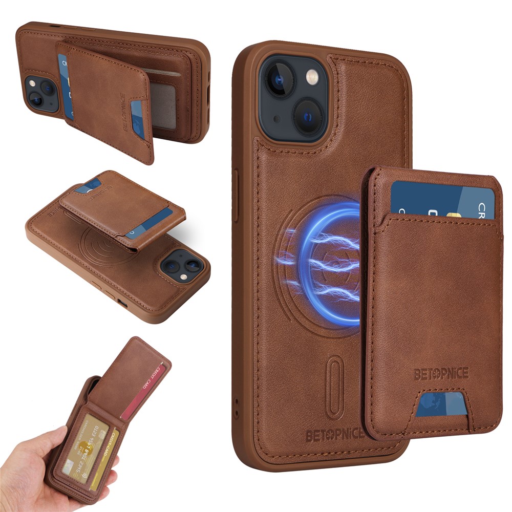For iPhone 14 / iPhone 13 6.1 inch Magnetic Case BETOPNICE RFID Blocking Leather Phone Back Cover with Detachable Card Bag - Brown