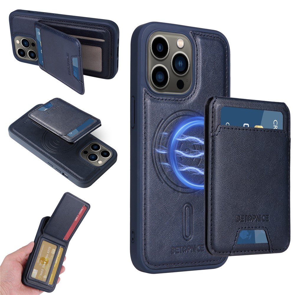 For iPhone 13 Pro 6.1 inch Magnetic Case BETOPNICE RFID Blocking Leather Phone Back Cover with Detachable Card Bag - Blue