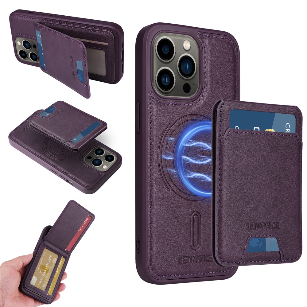 For iPhone 13 Pro 6.1 inch Magnetic Case BETOPNICE RFID Blocking Leather Phone Back Cover with Detachable Card Bag - Purple