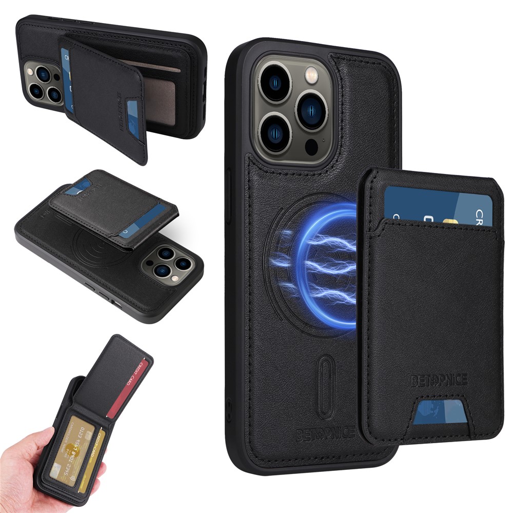 For iPhone 13 Pro 6.1 inch Magnetic Case BETOPNICE RFID Blocking Leather Phone Back Cover with Detachable Card Bag - Black