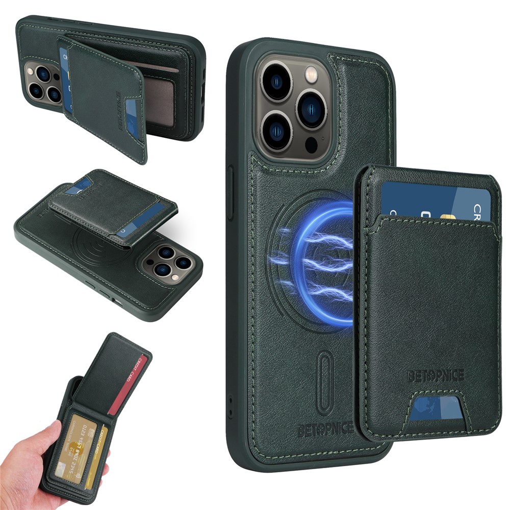 For iPhone 13 Pro 6.1 inch Magnetic Case BETOPNICE RFID Blocking Leather Phone Back Cover with Detachable Card Bag - Green