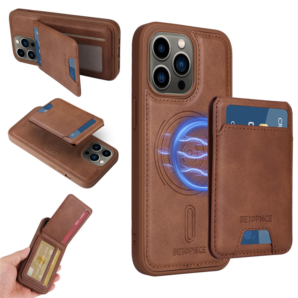 For iPhone 13 Pro 6.1 inch Magnetic Case BETOPNICE RFID Blocking Leather Phone Back Cover with Detachable Card Bag - Brown