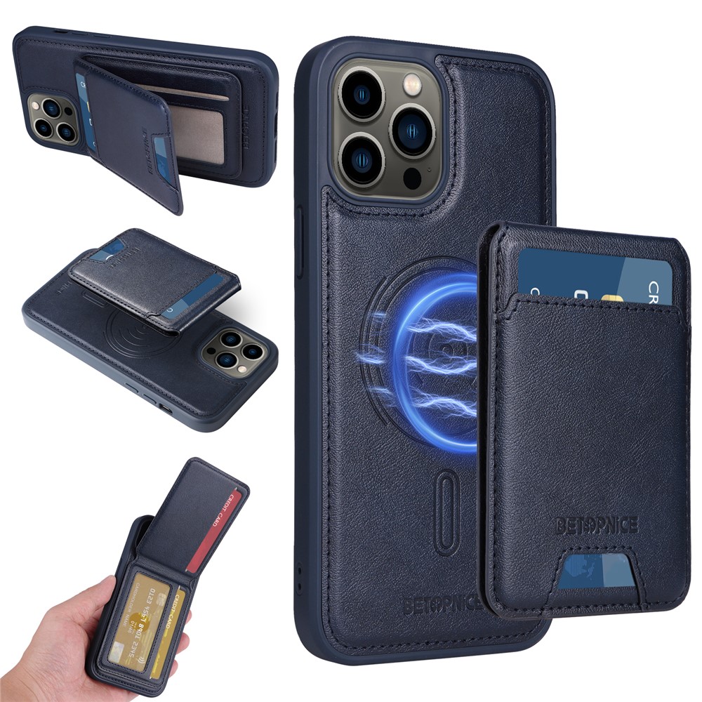 For iPhone 13 Pro Max 6.7 inch Magnetic Case BETOPNICE RFID Blocking Leather Phone Back Cover with Detachable Card Bag - Blue