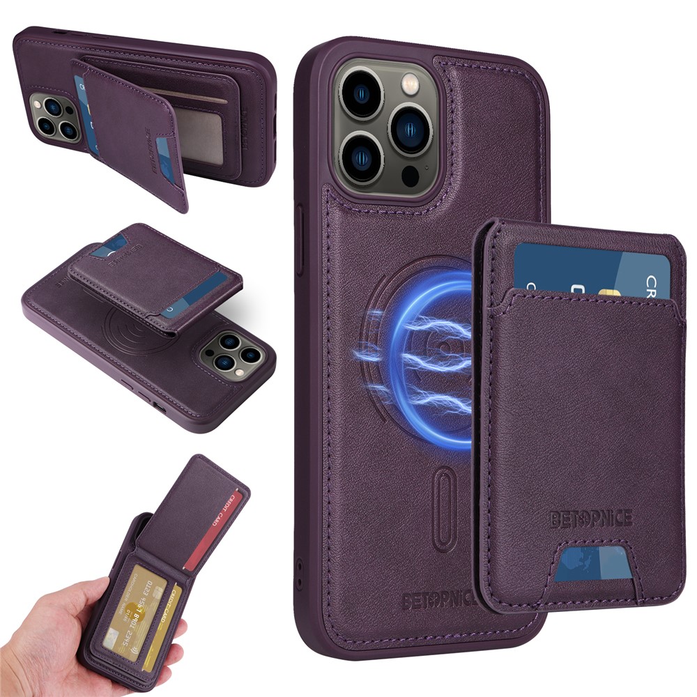 For iPhone 13 Pro Max 6.7 inch Magnetic Case BETOPNICE RFID Blocking Leather Phone Back Cover with Detachable Card Bag - Purple