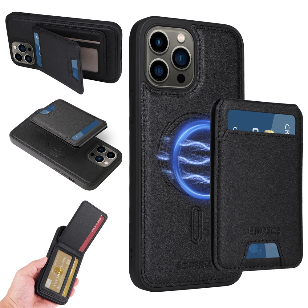 For iPhone 13 Pro Max 6.7 inch Magnetic Case BETOPNICE RFID Blocking Leather Phone Back Cover with Detachable Card Bag - Black