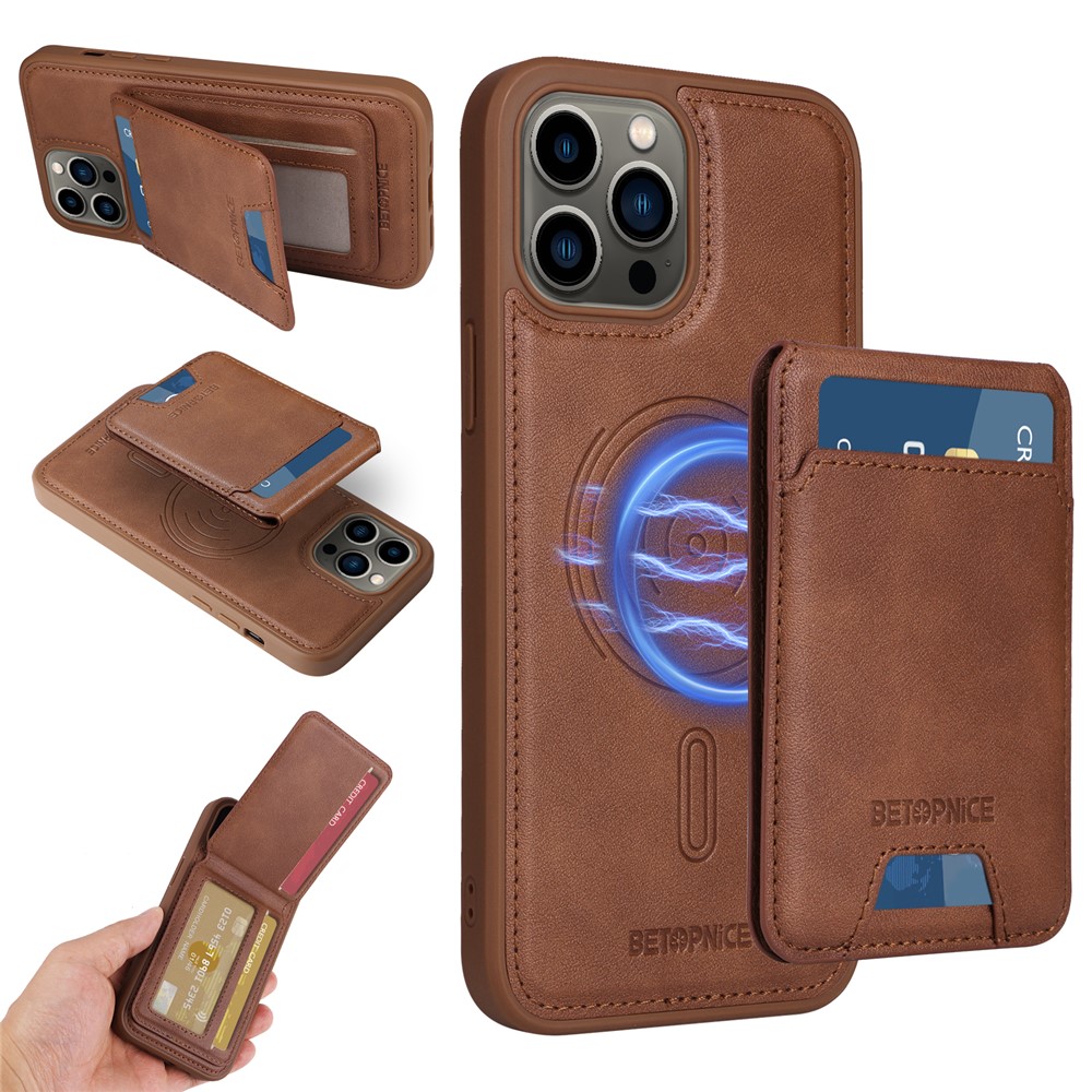 For iPhone 13 Pro Max 6.7 inch Magnetic Case BETOPNICE RFID Blocking Leather Phone Back Cover with Detachable Card Bag - Brown