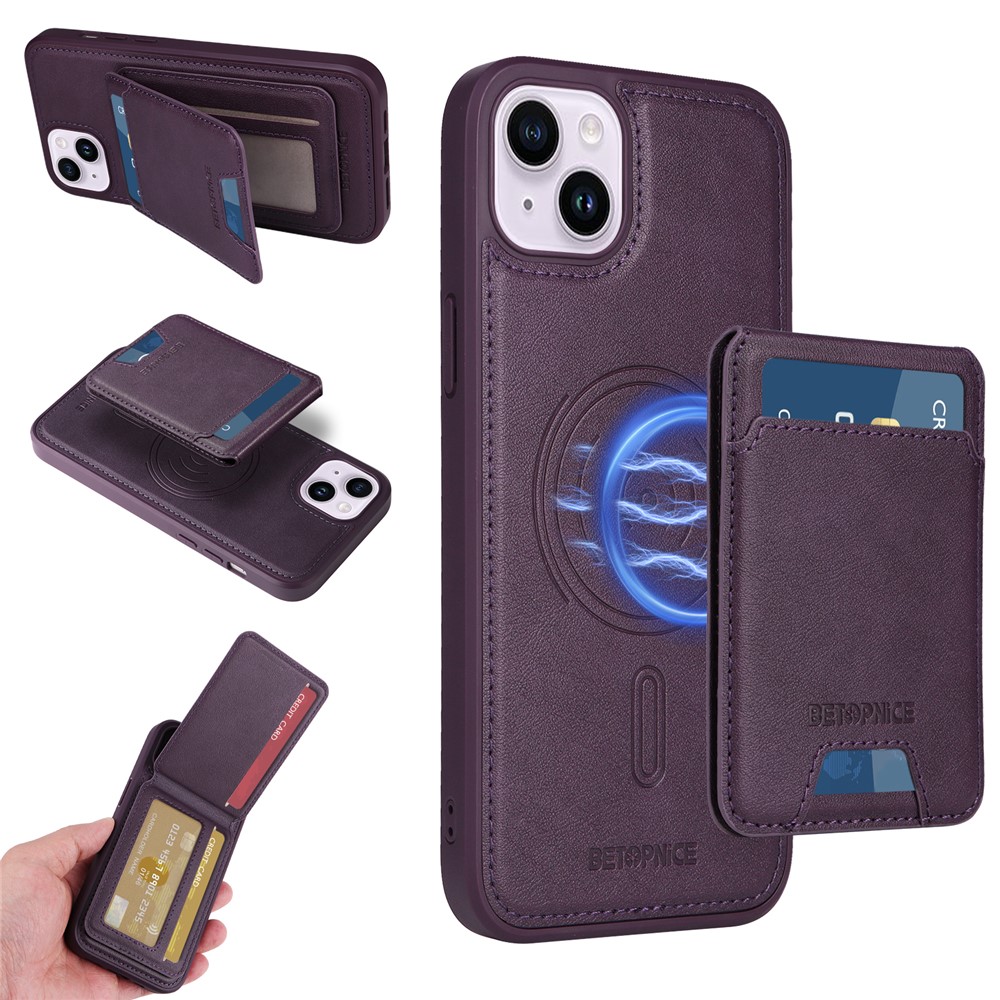 For iPhone 14 Plus Magnetic Case BETOPNICE RFID Blocking Leather Phone Back Cover with Detachable Card Bag - Purple
