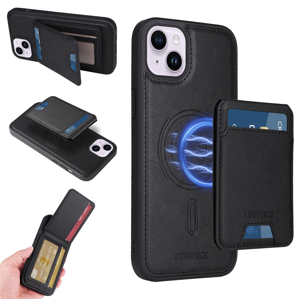 For iPhone 14 Plus Magnetic Case BETOPNICE RFID Blocking Leather Phone Back Cover with Detachable Card Bag - Black