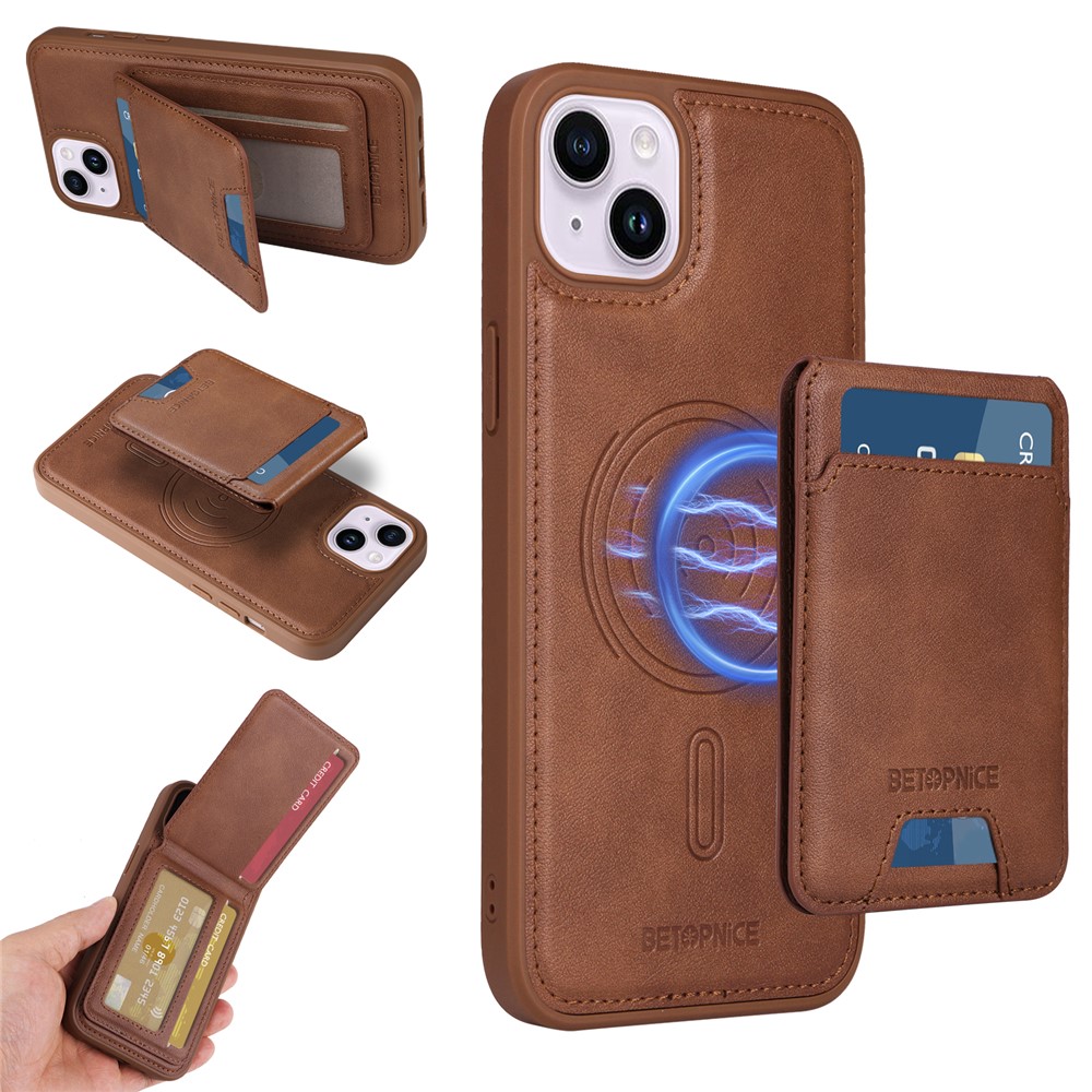 For iPhone 14 Plus Magnetic Case BETOPNICE RFID Blocking Leather Phone Back Cover with Detachable Card Bag - Brown