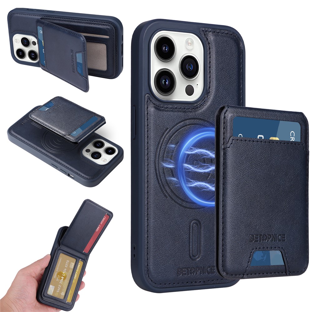 For iPhone 14 Pro Magnetic Case BETOPNICE RFID Blocking Leather Phone Back Cover with Detachable Card Bag - Blue