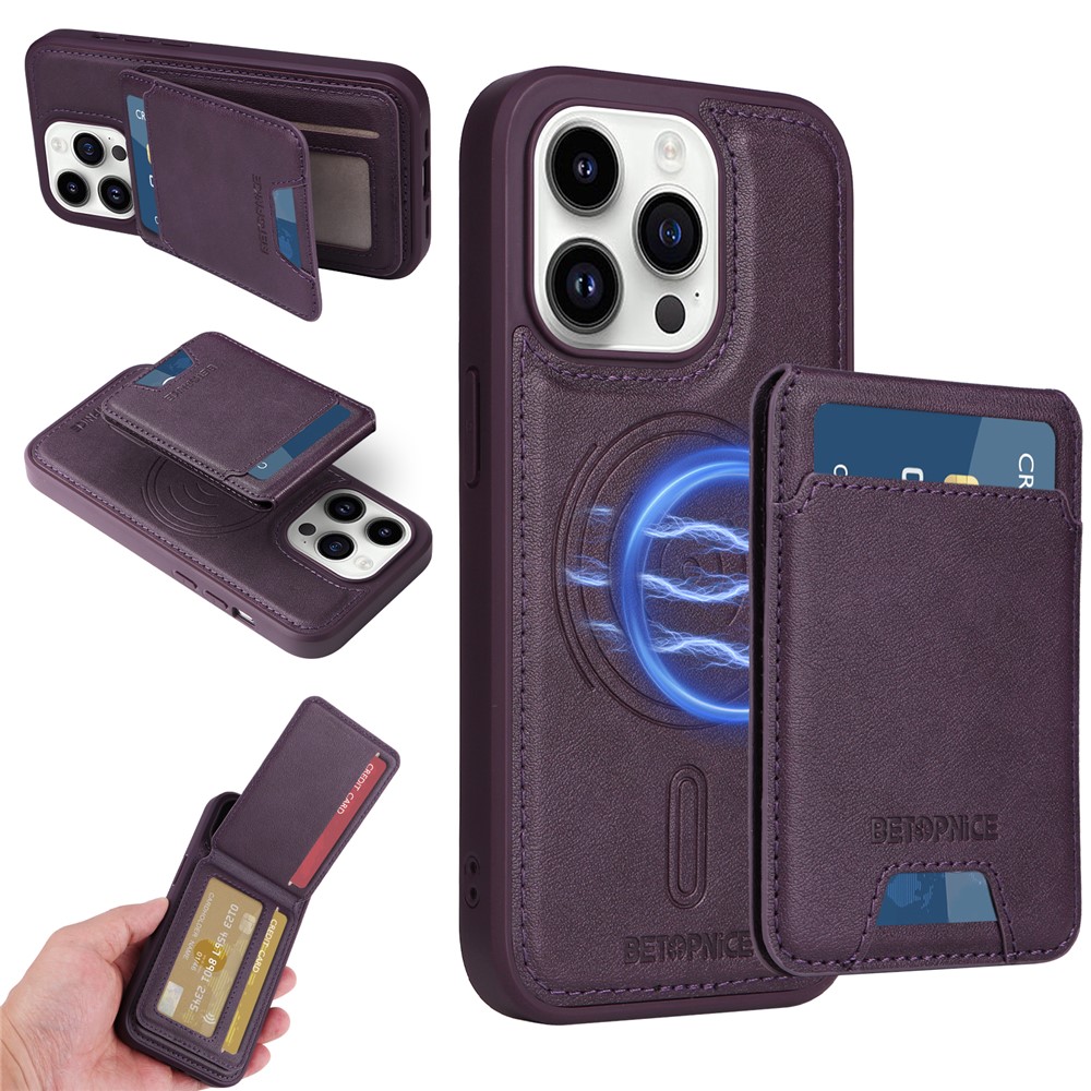 For iPhone 14 Pro Magnetic Case BETOPNICE RFID Blocking Leather Phone Back Cover with Detachable Card Bag - Purple