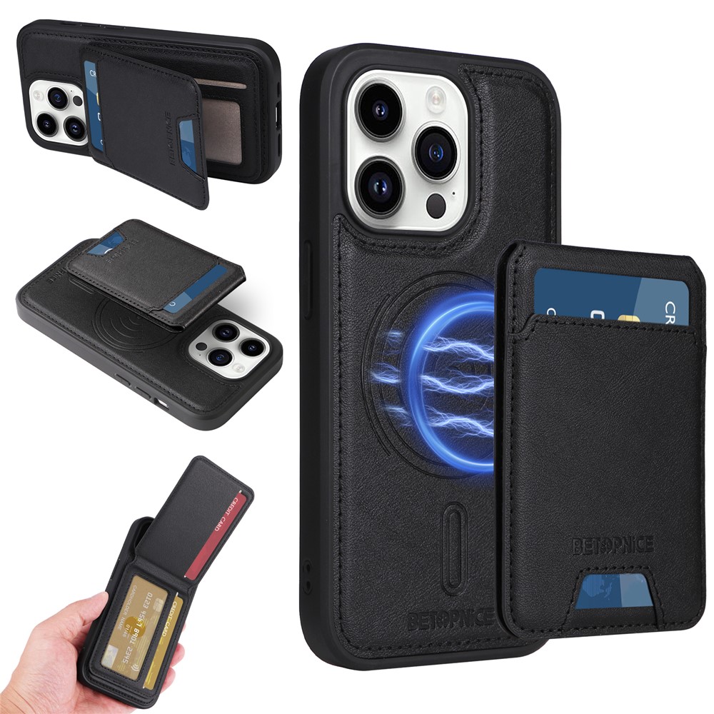For iPhone 14 Pro Magnetic Case BETOPNICE RFID Blocking Leather Phone Back Cover with Detachable Card Bag - Black