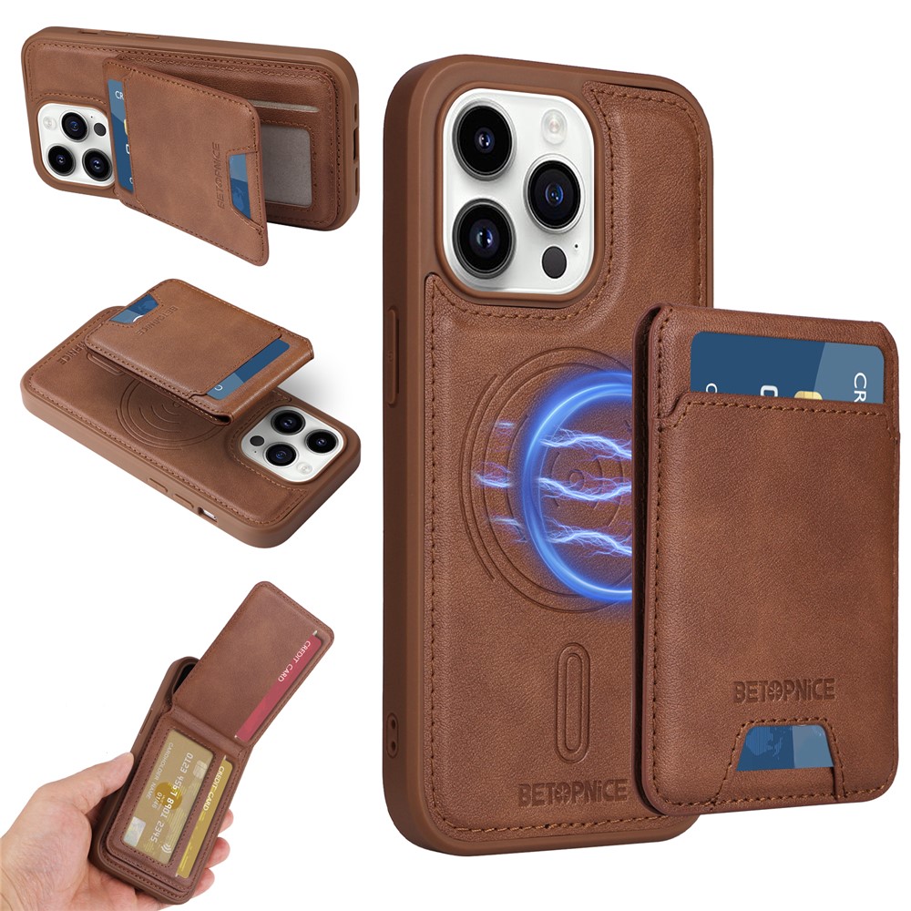 For iPhone 14 Pro Magnetic Case BETOPNICE RFID Blocking Leather Phone Back Cover with Detachable Card Bag - Brown