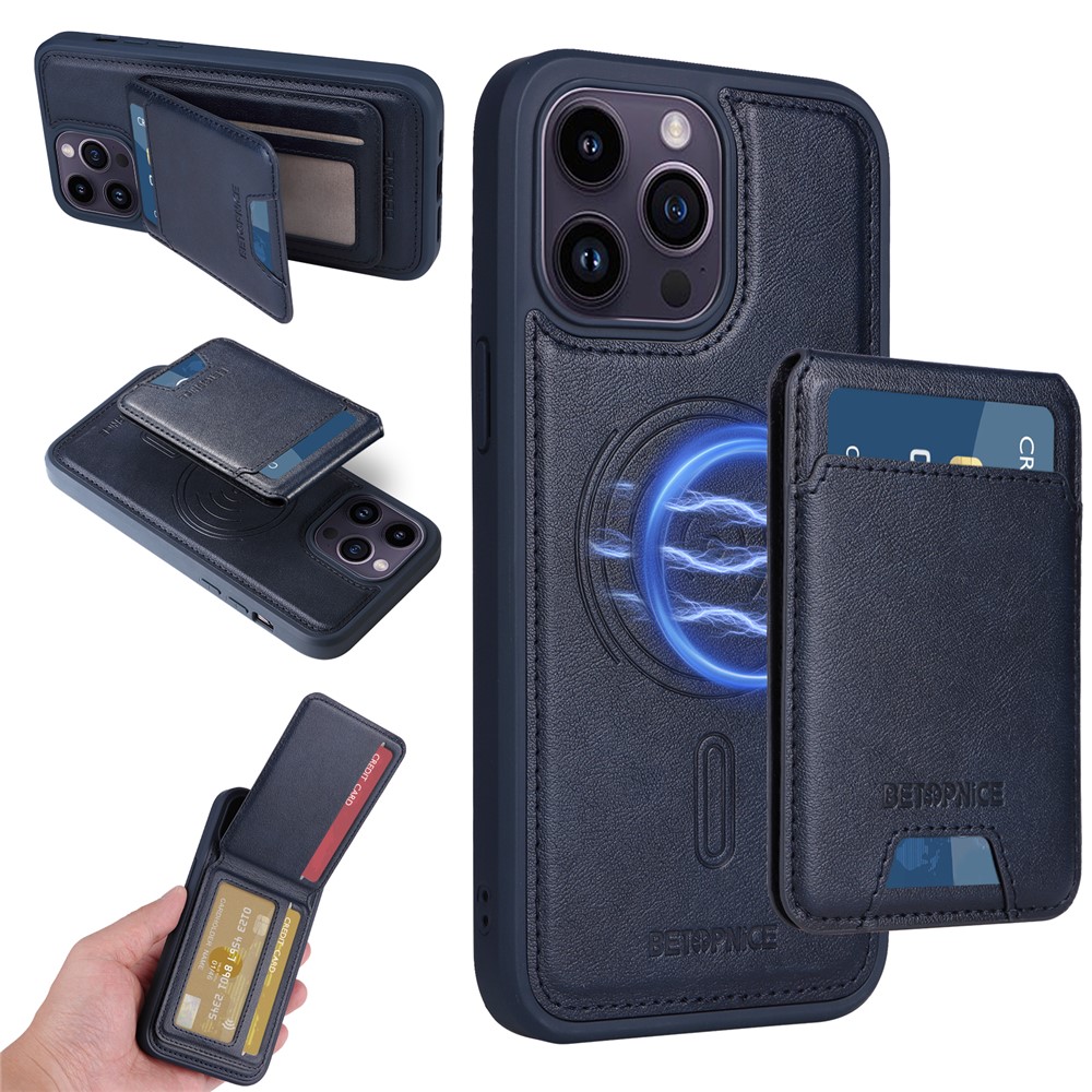 For iPhone 14 Pro Max Magnetic Case BETOPNICE RFID Blocking Leather Phone Back Cover with Detachable Card Bag - Blue