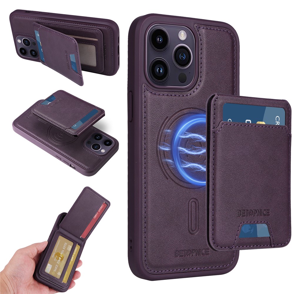For iPhone 14 Pro Max Magnetic Case BETOPNICE RFID Blocking Leather Phone Back Cover with Detachable Card Bag - Purple