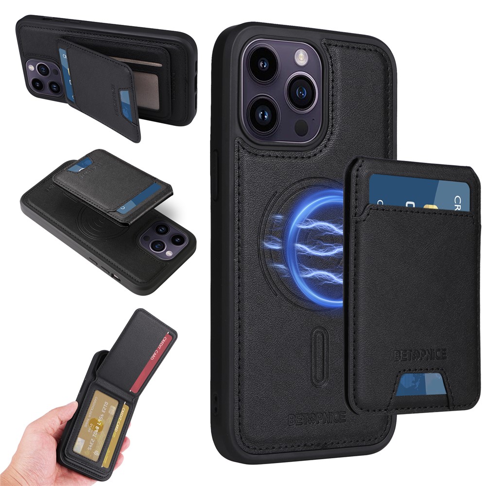 For iPhone 14 Pro Max Magnetic Case BETOPNICE RFID Blocking Leather Phone Back Cover with Detachable Card Bag - Black