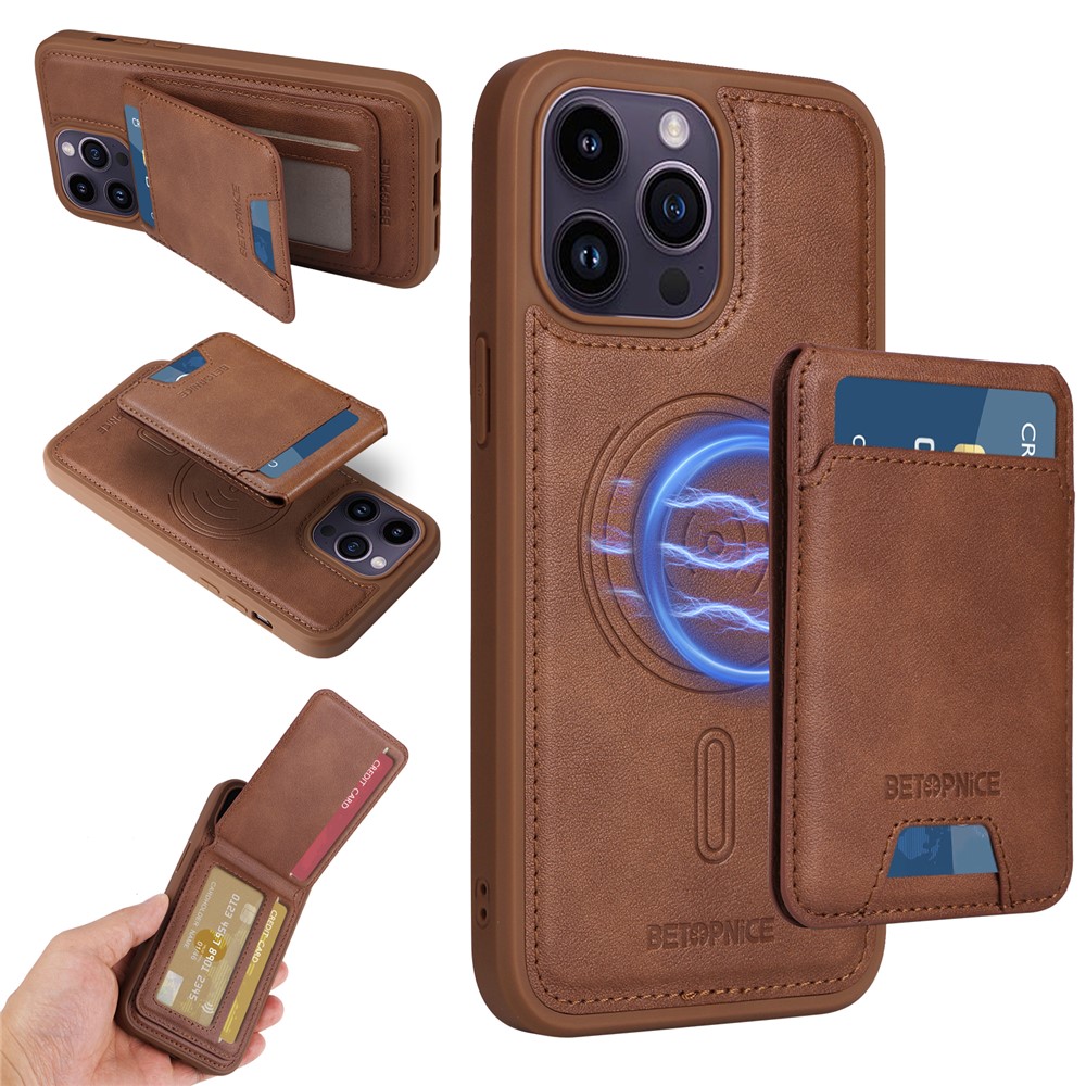 For iPhone 14 Pro Max Magnetic Case BETOPNICE RFID Blocking Leather Phone Back Cover with Detachable Card Bag - Brown
